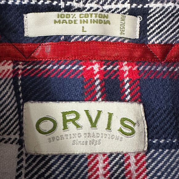 Orvis Flannel Work Shirt Men’s Large Heavy Thick Button Down Red Blue Plaid - Picture 6 of 9